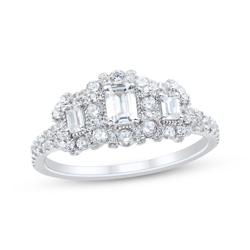 Main Image 1 of Emerald-Cut Diamond Three-Stone Halo Engagement Ring 1 ct tw 14K White Gold