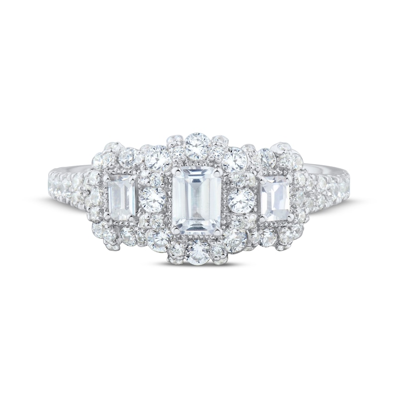 Main Image 3 of Emerald-Cut Diamond Three-Stone Halo Engagement Ring 1 ct tw 14K White Gold