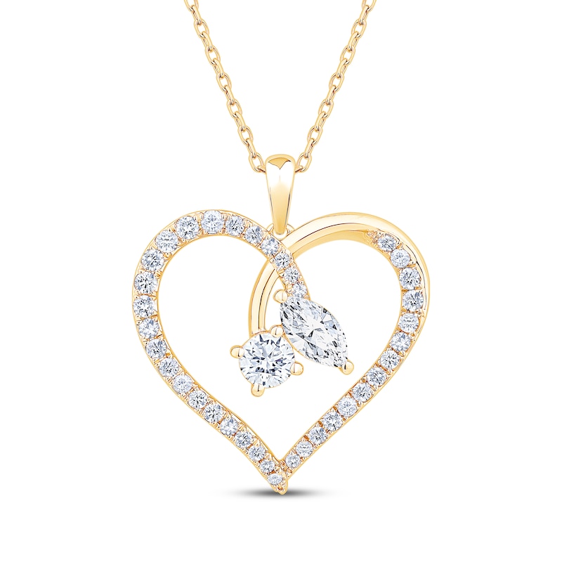 Main Image 1 of Lab-Grown Diamonds by KAY Round & Marquise-Cut Open Heart Necklace 1 ct tw 14K Yellow Gold 18&quot;