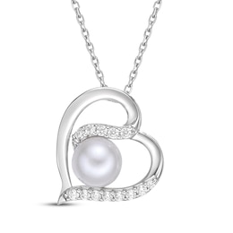 Cultured Pearl & White Lab-Created Sapphire Heart Necklace Sterling Silver 18&quot;