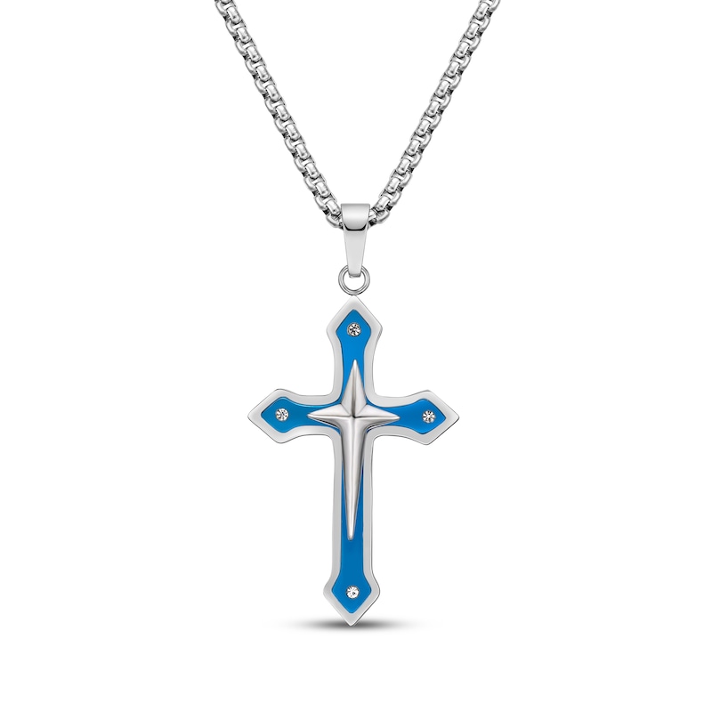 Main Image 1 of Men's Cross Necklace Stainless Steel & Blue Ion Plating 24&quot;