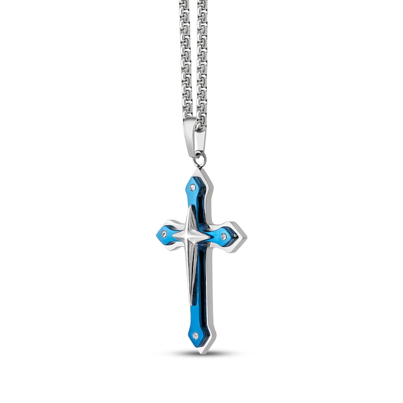 Main Image 2 of Men's Cross Necklace Stainless Steel & Blue Ion Plating 24&quot;