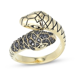 Men's Black Diamond Double Snake Head Wrap Ring 10K Yellow Gold