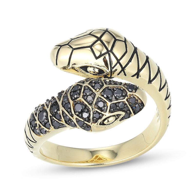 Main Image 1 of Men's Black Diamond Double Snake Head Wrap Ring 10K Yellow Gold