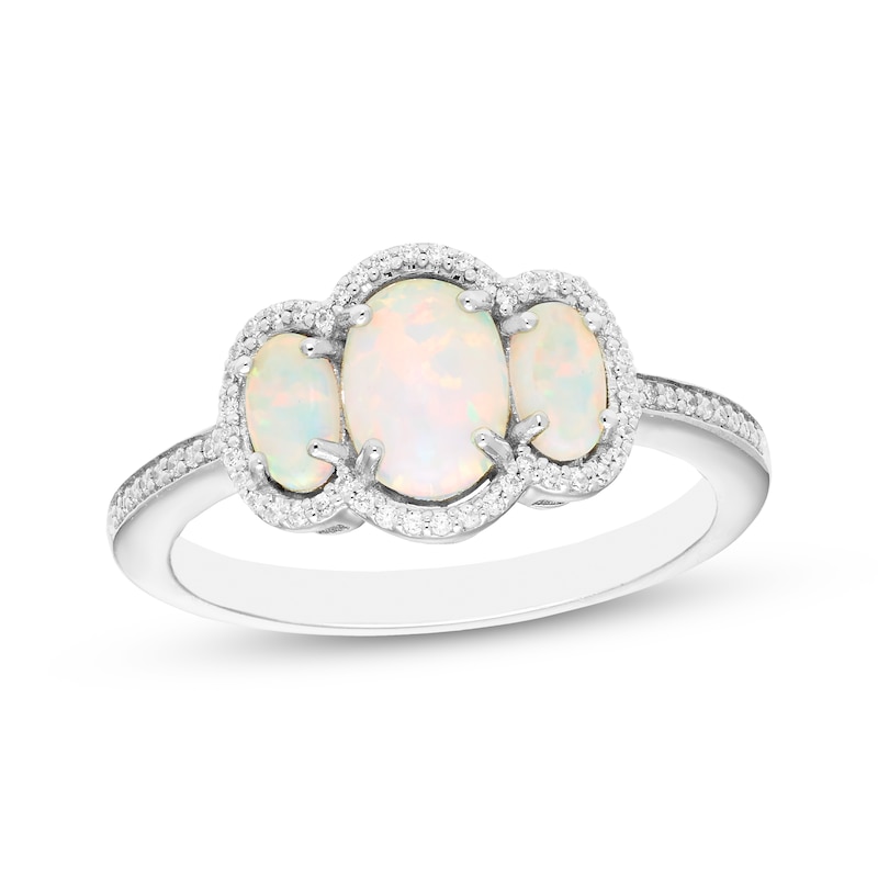 Main Image 1 of Memories Moments Magic Oval-Cut Lab-Created Opal & Diamond Three-Stone Ring 1/8 ct tw Sterling Silver