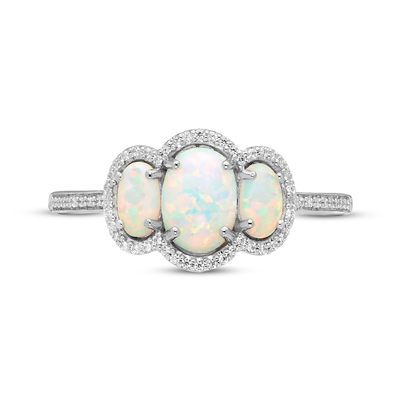 Main Image 3 of Memories Moments Magic Oval-Cut Lab-Created Opal & Diamond Three-Stone Ring 1/8 ct tw Sterling Silver