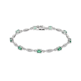 Oval-Cut Natural Emerald & Diamond Link Bracelet 1/4 ct tw 14K White Gold 7.25&quot;