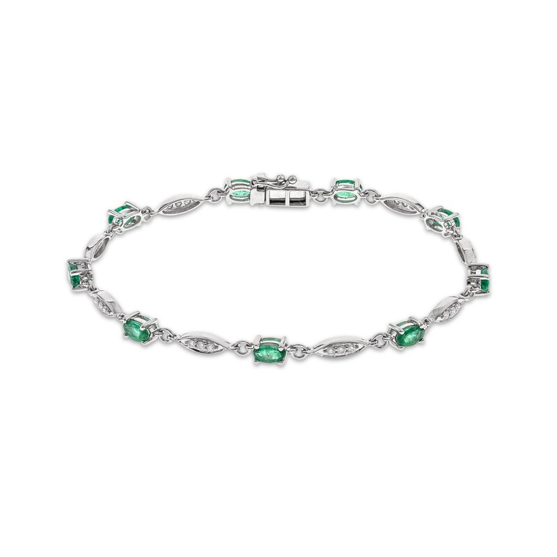 Main Image 1 of Oval-Cut Natural Emerald & Diamond Link Bracelet 1/4 ct tw 14K White Gold 7.25&quot;