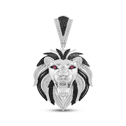 Black & White Diamond, Lab-Created Ruby Lion Charm 1 ct tw Sterling Silver