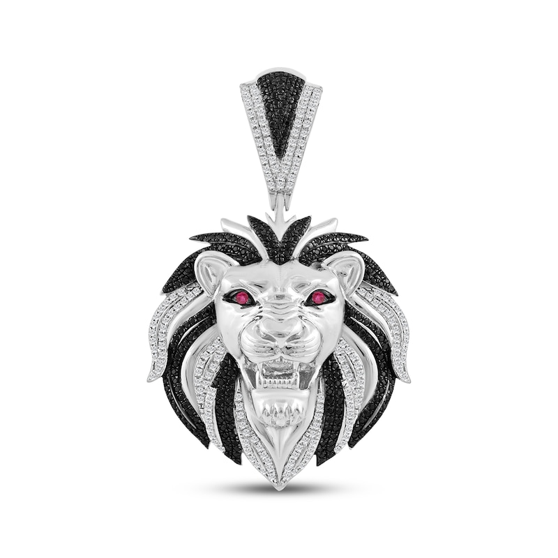 Main Image 1 of Black & White Diamond, Lab-Created Ruby Lion Charm 1 ct tw Sterling Silver