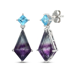 Kite-Shaped Fluorite & Square-Cut Swiss Blue Topaz Dangle Earrings Sterling Silver