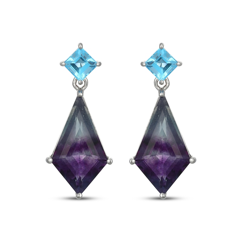 Main Image 2 of Kite-Shaped Fluorite & Square-Cut Swiss Blue Topaz Dangle Earrings Sterling Silver