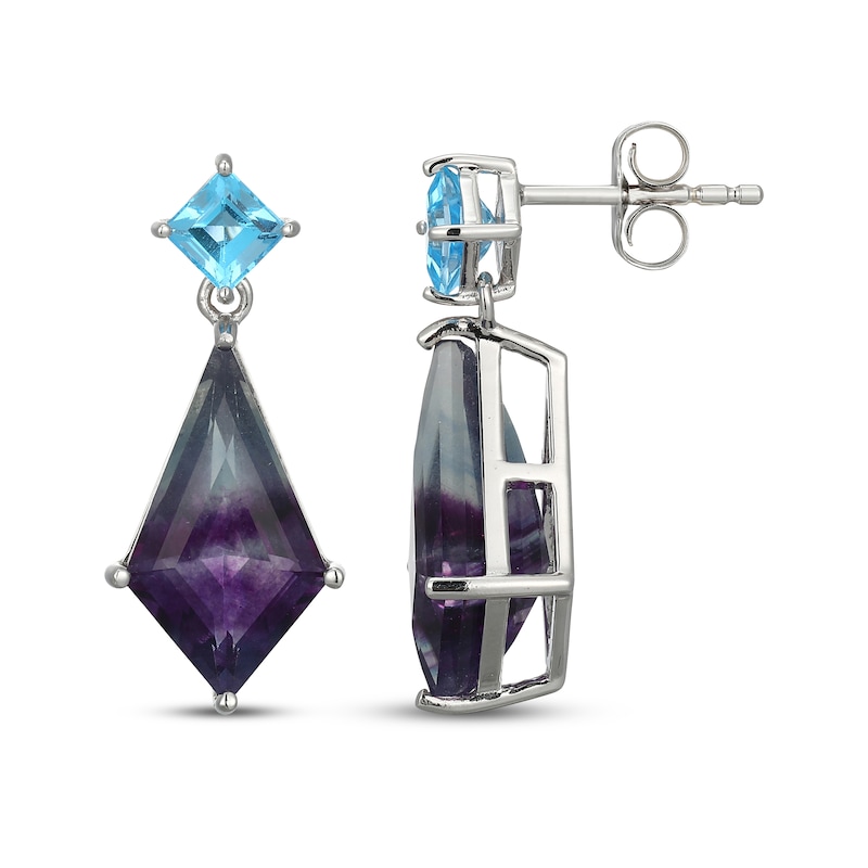 Main Image 3 of Kite-Shaped Fluorite & Square-Cut Swiss Blue Topaz Dangle Earrings Sterling Silver