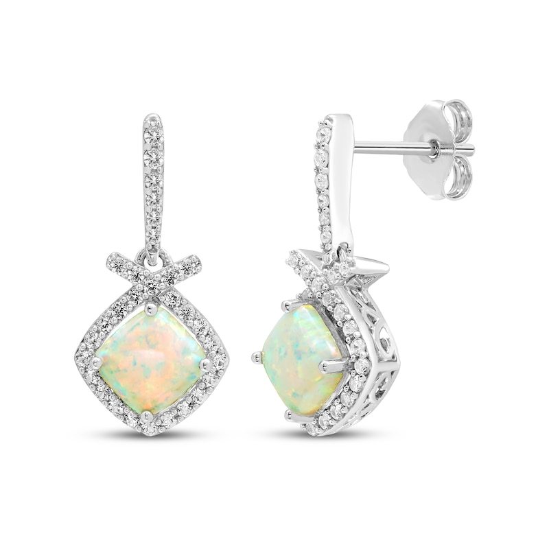 Main Image 1 of Cushion-Cut Lab-Created Opal & White Lab-Created Sapphire Drop Earrings Sterling Silver