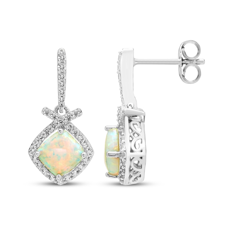 Main Image 3 of Cushion-Cut Lab-Created Opal & White Lab-Created Sapphire Drop Earrings Sterling Silver