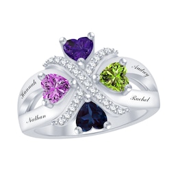 Family & Mother's Heart-Shaped Crisscross Birthstone Ring (4 Stones and Lines)