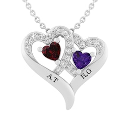 Birthstone Couple's Double Heart Necklace (2 Stones and Lines)