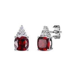 Cushion-Cut Garnet & Round-Cut White Lab-Created Sapphire Stud Earrings Sterling Silver