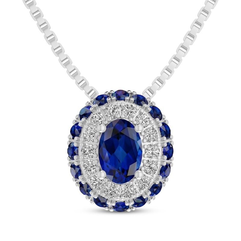 Main Image 1 of Oval-Cut Blue Lab-Created Sapphire & White Lab-Created Sapphire Double Halo Necklace Sterling Silver 18&quot;