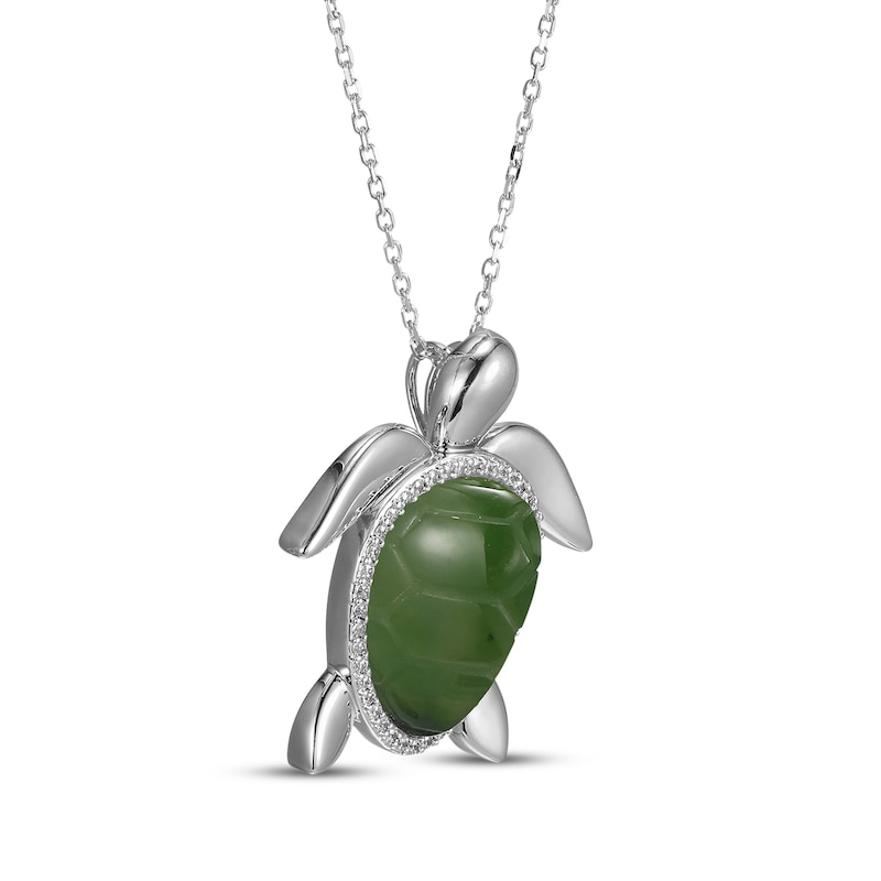 Nephrite Jade & White Lab-Created Sapphire Turtle Necklace Sterling Silver 18"