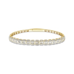 Baguette & Round-Cut Diamond Cushion Link Bangle Bracelet 1-1/2 ct tw 14K Yellow Gold