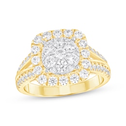 Multi-Diamond Cushion Halo Engagement Ring 1-3/8 ct tw 10K Two-Tone Gold