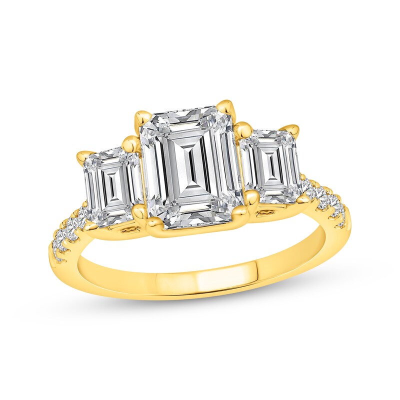 Main Image 1 of Lab-Grown Diamonds by KAY Emerald-Cut Three-Stone Engagement Ring 3-1/4 ct tw 14K Yellow Gold