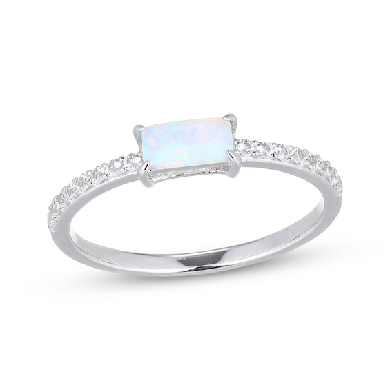 Baguette-Cut Lab-Created Opal & White Lab-Created Sapphire Ring Sterling Silver