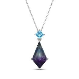 Kite-Shaped Fluorite & Square-Cut Swiss Blue Topaz Necklace Sterling Silver 18&quot;