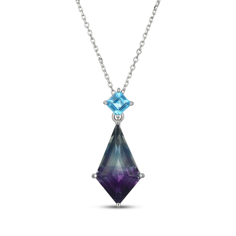 Main Image 1 of Kite-Shaped Fluorite & Square-Cut Swiss Blue Topaz Necklace Sterling Silver 18&quot;