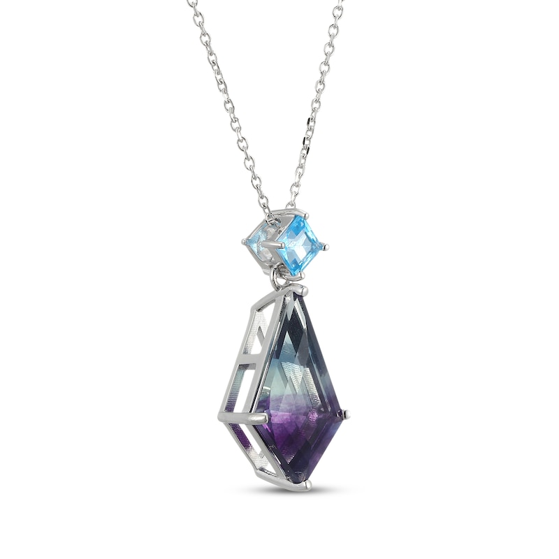 Main Image 2 of Kite-Shaped Fluorite & Square-Cut Swiss Blue Topaz Necklace Sterling Silver 18&quot;