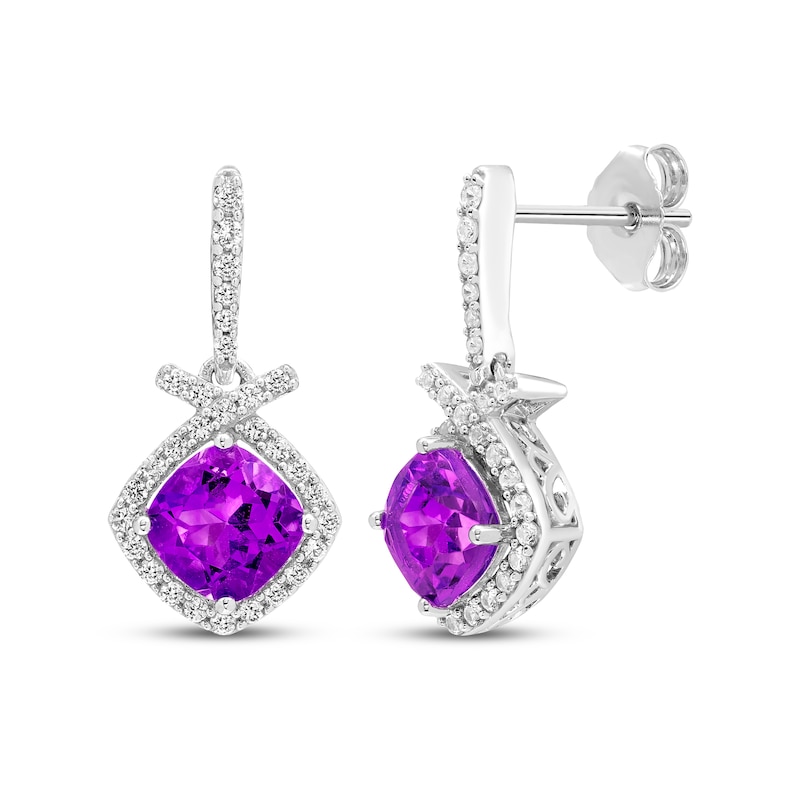 Main Image 1 of Cushion-Cut Amethyst & White Lab-Created Sapphire Drop Earrings Sterling Silver