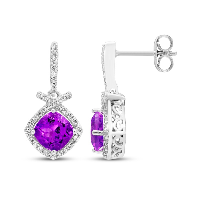 Main Image 3 of Cushion-Cut Amethyst & White Lab-Created Sapphire Drop Earrings Sterling Silver