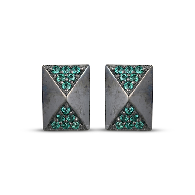 Main Image 2 of Men's Lab-Created Emerald Rectangle Stud Earrings Antique Finished Sterling Silver