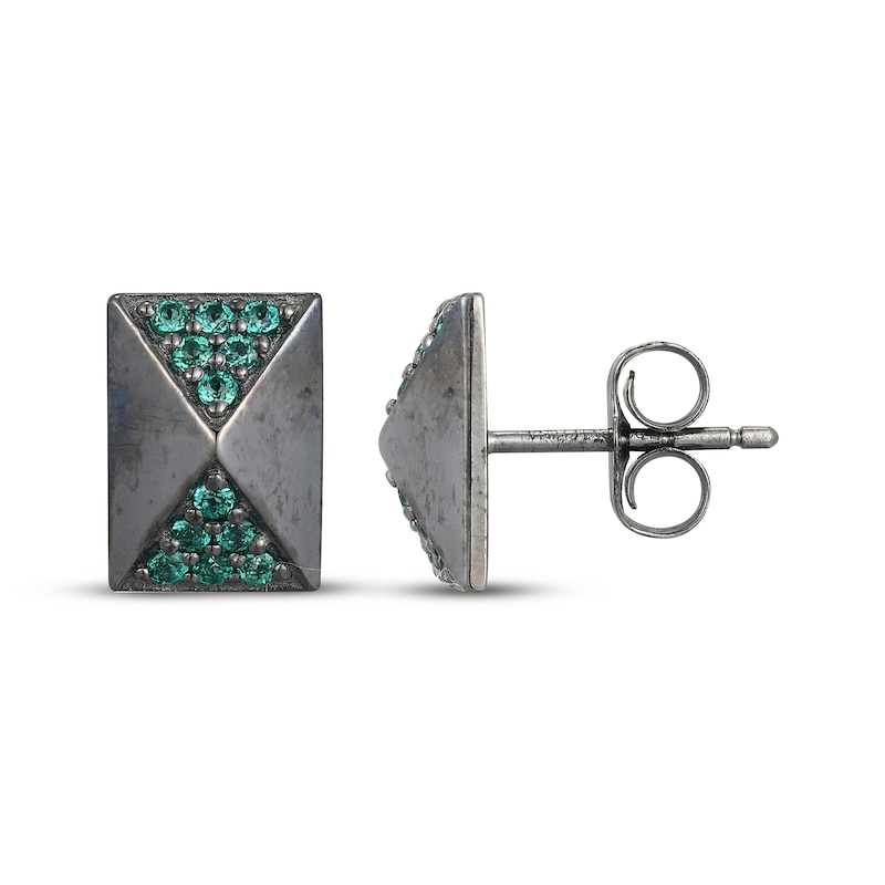 Main Image 3 of Men's Lab-Created Emerald Rectangle Stud Earrings Antique Finished Sterling Silver