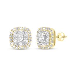 Princess-Cut Diamond Stud Cushion Halo Earrings 1/2 ct tw 10K Yellow Gold