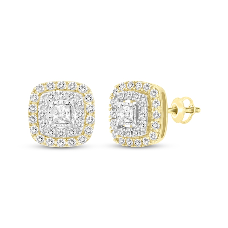 Main Image 1 of Princess-Cut Diamond Stud Cushion Halo Earrings 1/2 ct tw 10K Yellow Gold