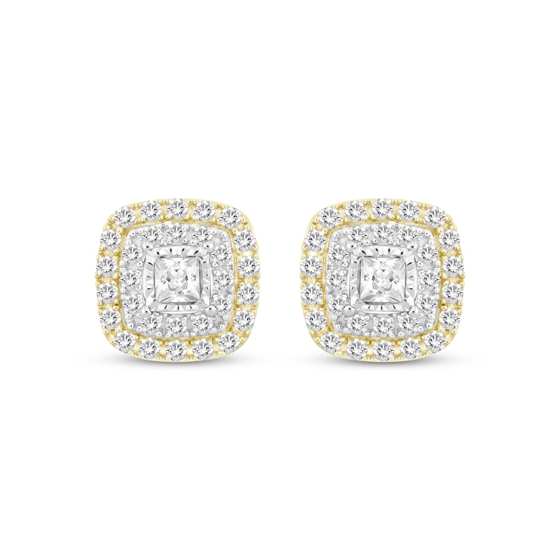 Main Image 2 of Princess-Cut Diamond Stud Cushion Halo Earrings 1/2 ct tw 10K Yellow Gold