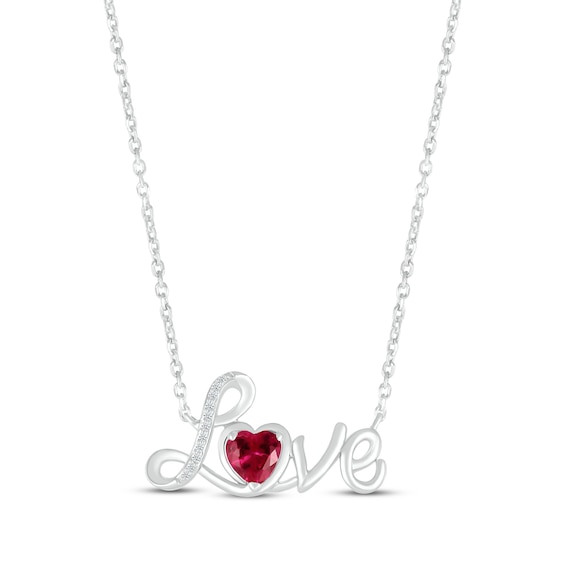 Heart-Shaped Lab-Created Ruby & White Lab-Created Sapphire “Love” Necklace Sterling Silver 18”