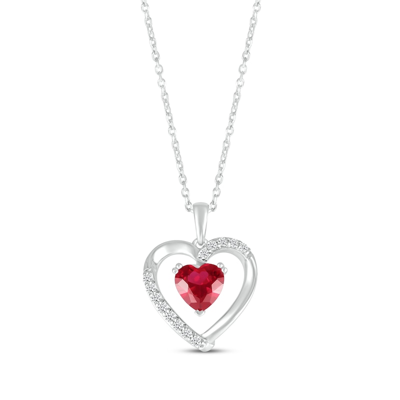 Main Image 1 of Heart-Shaped Lab-Created Ruby & White Lab-Created Sapphire Necklace Sterling Silver 18”