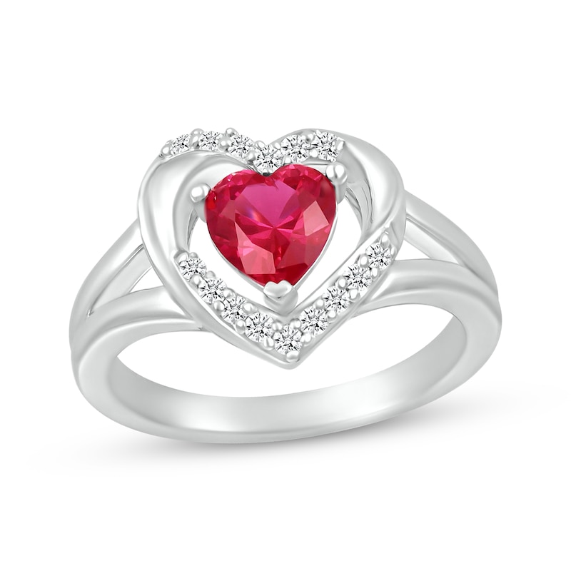 Main Image 1 of Heart-Shaped Lab-Created Ruby & White Lab-Created Sapphire Ring Sterling Silver