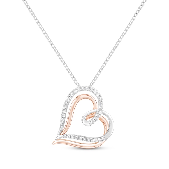 Diamond Double Looping Heart Necklace 1/5 ct tw Sterling Silver & 10K Rose Gold 19"