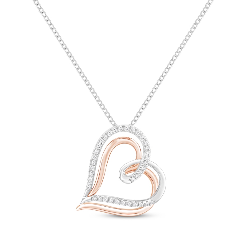 Main Image 1 of Diamond Double Looping Heart Necklace 1/5 ct tw Sterling Silver & 10K Rose Gold 19&quot;