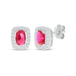 Cushion-Cut Lab-Created Ruby & White Lab-Created Sapphire Stud Earrings Sterling Silver