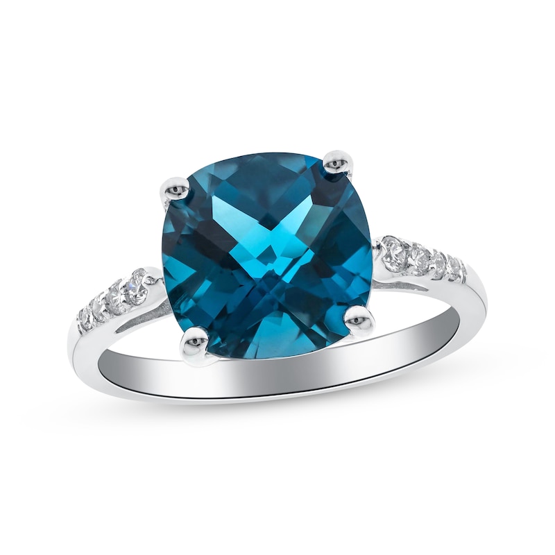 Main Image 1 of Cushion-Cut Swiss Blue Topaz & Diamond Ring 1/8 ct tw Sterling Silver