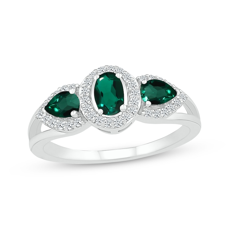 Oval-Cut & Pear-Shaped Lab-Created Emerald & White Lab-Created Sapphire Three-Stone Ring Sterling Silver