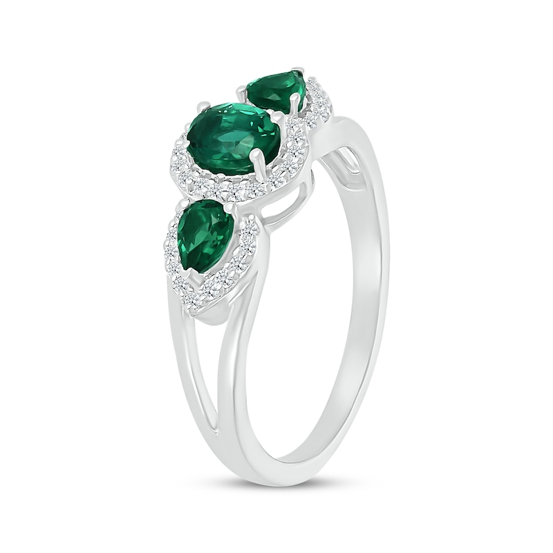 Oval-Cut & Pear-Shaped Lab-Created Emerald & White Lab-Created Sapphire Three-Stone Ring Sterling Silver