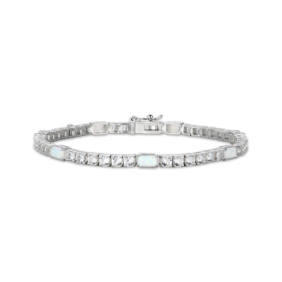 Emerald-Cut Lab-Created Opal & White Lab-Created Sapphire Station Bracelet Sterling Silver 7.25"