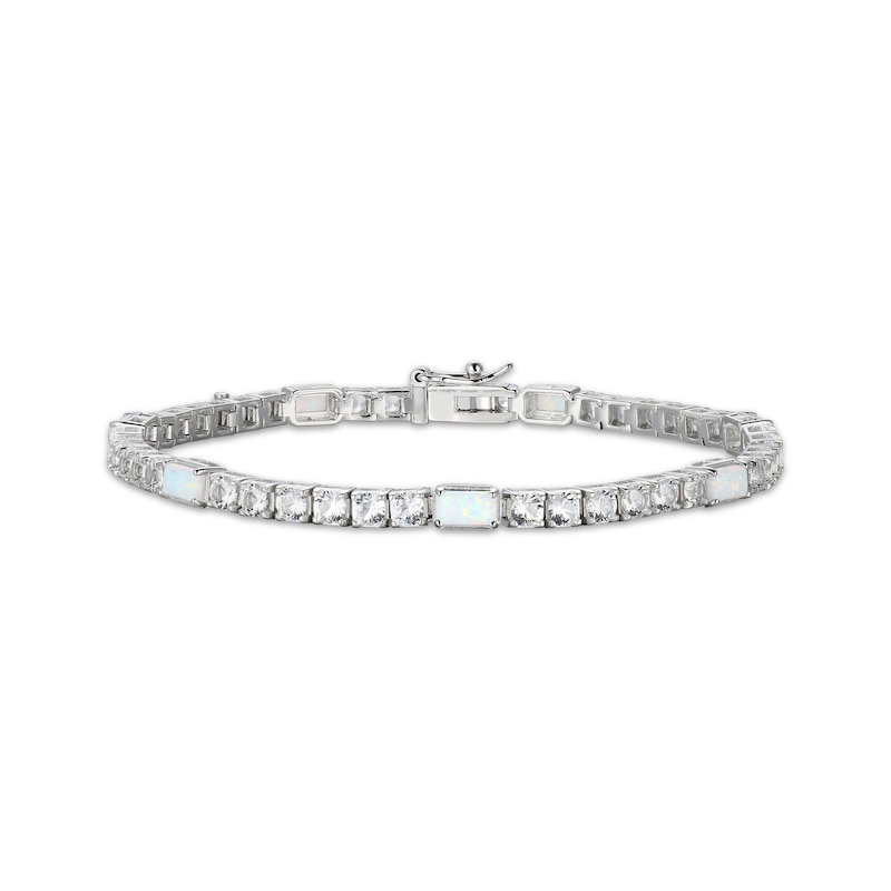 Main Image 1 of Emerald-Cut Lab-Created Opal & White Lab-Created Sapphire Station Bracelet Sterling Silver 7.25&quot;