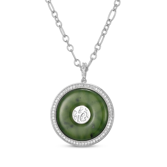 Nephrite Jade Chinese "Luck" Circle Necklace Sterling Silver 18"
